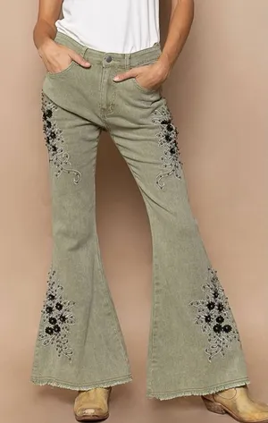 NWT‎ POL Glamour Groove Floral Embroidered Beaded Boho Green Flare Jeans thumbnail 1