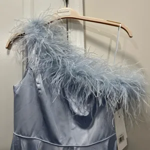 FLAWED NWT Mac Duggal Powder Blue One Shoulder A-Line Feather Gown Size 8 $598 thumbnail 6