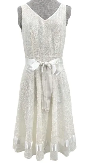 Tahari White Lace Satin Bow Dress Sleeveless V Ivory Wedding Eloping ASL Size 8 thumbnail 1