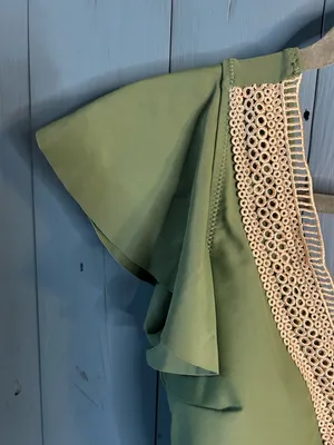 “B” Olive Green One-Piece Swimsuit w/ Crochet V-Neck & Flutter Sleeves | M (New) thumbnail 5