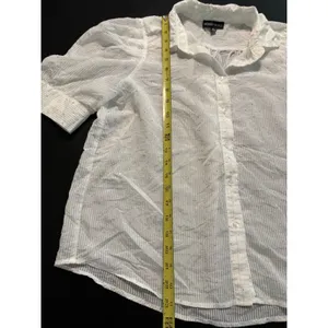 Modern Works White‎ Striped rhinestone Short Puff Sleeve Button Down Blouse thumbnail 3
