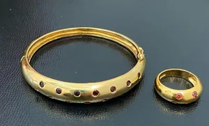 Gold Over  925 Signed Garnet Stones Hinged Bangle & Ring Set thumbnail 3
