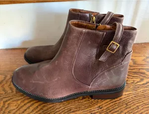 Franco Sarto Brown Leather Ankle Boots Buckle Strap Side Zip Low Heel Size 11M thumbnail 1