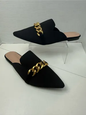 CUCCOO Black Pointed Toe Mule Flats Gold Chain EU 41 US 10-10.5 thumbnail 3
