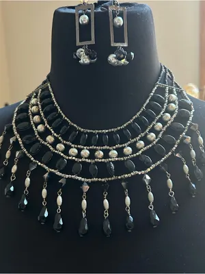 Black Beaded Statement Necklace and Earrings Set - Elegant Women's Jewelry thumbnail 1