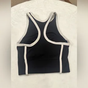 Sporty Black & White High-Neck Cropped Tank Top with Built-in Shelf Bra thumbnail 2