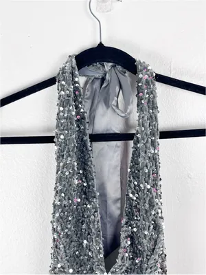 SELFIE LESLIE Gray Sequins Halter Top Low Back Mini Dress Medium Party Date Boho thumbnail 10