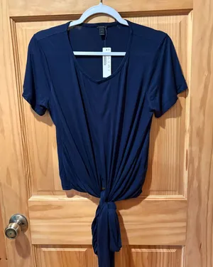 J.Crew short-sleeve tie-front knit top navy style G5714 size M NWT thumbnail 1
