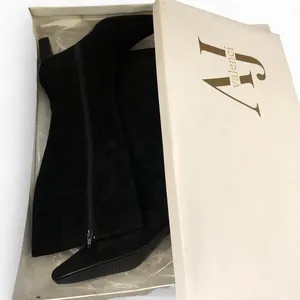 AJ Valenci Real Leather Suede Dark Black Preppy Academia Goth Tall Knee High Boots Kitten Block Heels Square Pointed Toe Grunge Whimsigoth Festival Western Country Sz 8M New in Box thumbnail 2