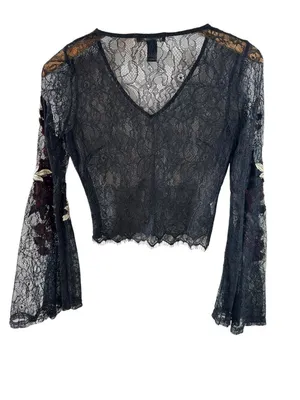 Forever 21 Black Lace Rose Embroidered Bell Sleeve Crop Top S Dark Fairy Goth thumbnail 4