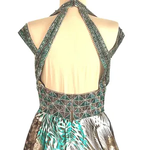 Animal Print Maxi Dress S Beaded Halter Brown Teal Flowy Mobwife Charmeuse thumbnail 7