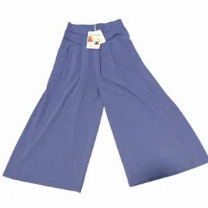 Women's Blue Wide-Leg Crop Pants Size S Cotton Linen Blend Size Small Pockets thumbnail 1