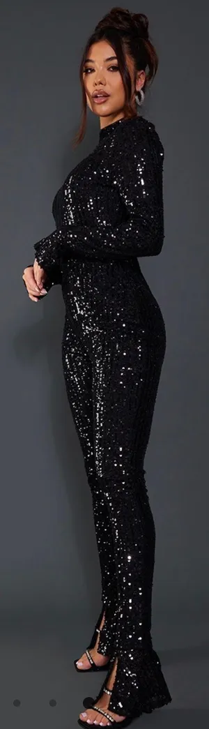 Pretty Little Thing Black Sequin High Neck Flared Hem Jumpsuit thumbnail 1