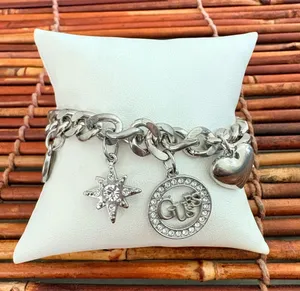 Guess Silver-Tone Charm Bracelet with Logo and Heart Adjustable Slider 7”-8” thumbnail 1