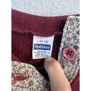 VTG Healthknit‎ Flowers Floral Collar Grandma Burgundy Sweatshirt Womens L thumbnail 3