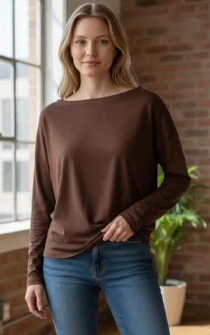 NWT AllSaints Rita Boat Neck Long Sleeve Top Medium BITTER BROWN thumbnail 1