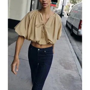 Zara Poplin Balloon Crop Top Beige Modern Romantic Peasant Runway Tik Tok thumbnail 9