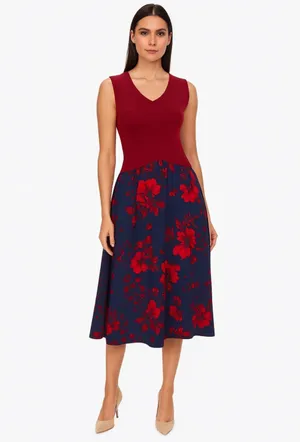 Sachin & Babi Crossover Red Knit Navy Floral Fit Flare Midi Dress Size 2 thumbnail 9