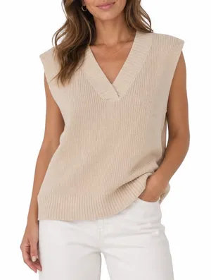 Cream V-Neck Ribbed Knit Oversized Sweater Vest Sleeveless Pullover Medium thumbnail 1