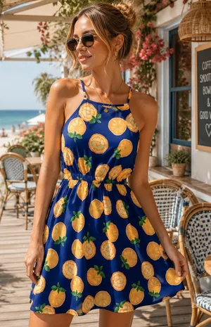 Everly Blue Orange Citrus Print Halter Dress Womens Small Vacation Resort Beach thumbnail 1