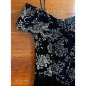 Vintage Scott McClintock Black Velvet Silver Brocade Off Shoulder Dress thumbnail 7
