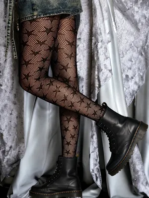Black Jacquard Fishnet‎ High Waist Footed Tights With Star Pattern One Size thumbnail 4
