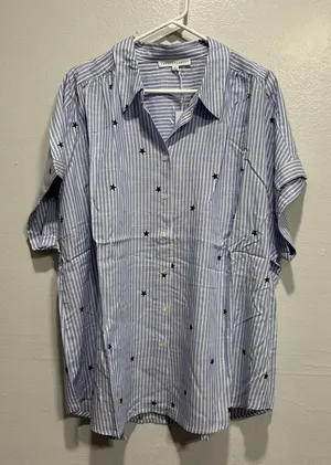 JANE & DELANCEY Womens 2X Button Front Top Blouse Cap Sleeve Stripes Star **Flaw thumbnail 1