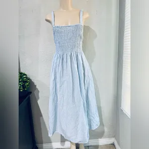 J.Crew Smocked beach dress in linen-cotton blend stripe size S 14” pit to pit stretchy thumbnail 16