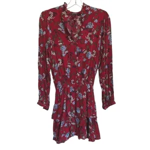 Yumi Kim Red Floral Ruffle Tiered Mini Dress Long Sleeve Smocked Waist Size‎ S thumbnail 5