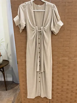 Free People Vintage Summer Midi Dress Stone Cold Beige V-Neck Tie-Front Small thumbnail 2