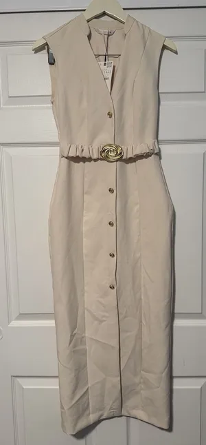 Zara Ecru Midi Dress Gold Buttons Sophisticated Minimalist Quiet Luxury Cream thumbnail 1
