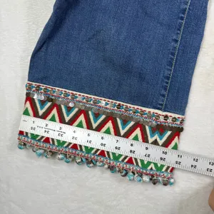 Alice + Olivia Wide Leg Jeans Blue Denim Boho Embroidered Pom‎ Pom Hem Size 25 thumbnail 6