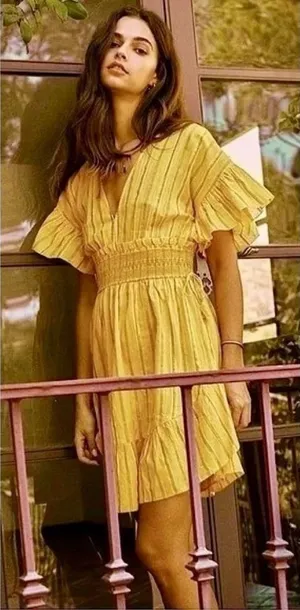 SAYLOR Yellow Metallic Striped Dress Fluttery Smocked Mini Gold Party Medium thumbnail 1