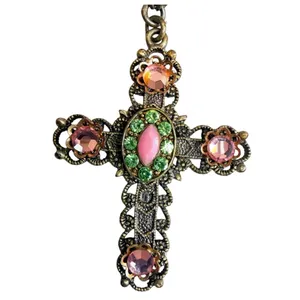 Vintage Victorian Revival Jeweled Cross Necklace Pink Green Rhinestones Beaded G thumbnail 6