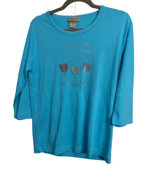 Isaacs Designs Casuals Blue Wine Glasses Rhinestone 3/4 Sleeve Top Small 7006‎ thumbnail 1