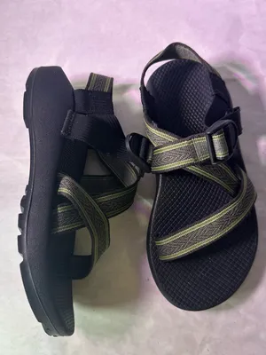 Chacos Black Sandal with Olive and Tan Striped Webbing thumbnail 6