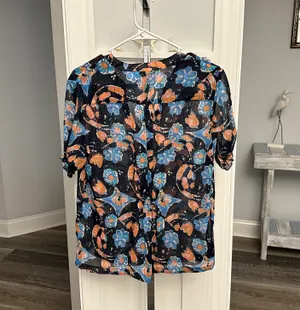 Christopher & Banks Sz M Sheer Floral Blouse Navy Blues Pinks White thumbnail 3