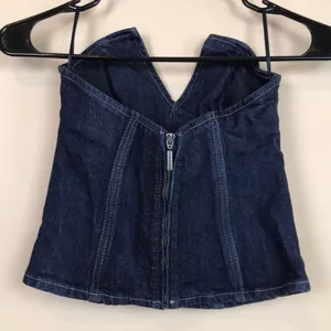 Zara Women’s Dark Wash Blue Denim Jean Boning Split Neck Zipper Back Bustier Top thumbnail 4