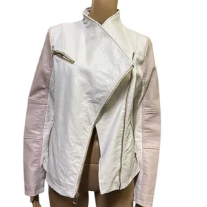 Guess Pink White Faux Leather Moto Jacket Gold Exposed Zipper Womens Small thumbnail 5