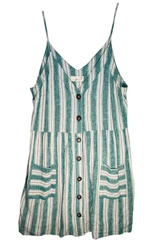 April Kiss Striped Linen Blend Dress Women's M Green Button Cottagecore Beachy‎ thumbnail 1