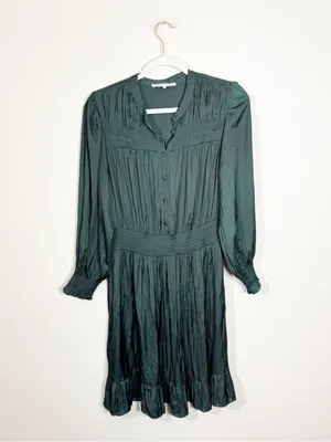 Gerard Darel Johan Smocked Trim Dark Green Dress Size 6 thumbnail 4