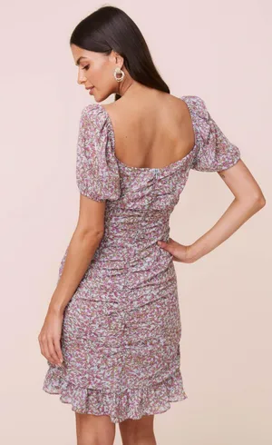 ASTR Shirred Ruffle Mini Dress Teal & Purple Ditsy Floral thumbnail 2