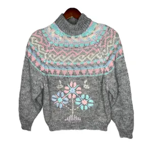 VINTAGE Gray pullover floral flower embroidered mock neck sweater wool medium thumbnail 2