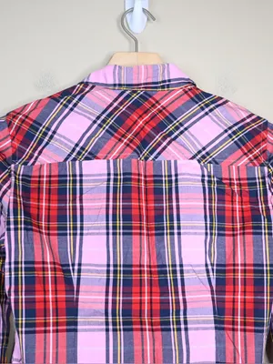 J. Crew Women's Slim Fit Stretch Perfect Pink Stewart Tartan Organic Cotton Top thumbnail 4