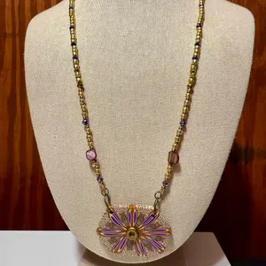 ✨ Handmade Beaded Necklace with Purple Gold and Bronze Polymer Clay Pendant ✨ thumbnail 1