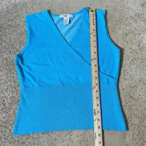 Y2K Poppy by NSD Preppy Babydoll Blue‎ Silk Cotton Blend Faux Wrap Knit Top L thumbnail 2