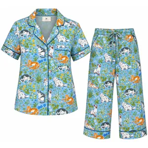 Printfresh Must Love Cats Pajama Set XS Blue Organic Cotton Top & Crop Pants NWT thumbnail 3