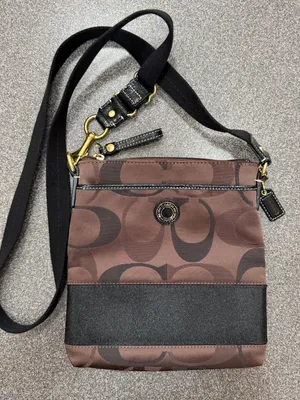 Vintage Coach Kitt Crossbody Bag Purse Brown and Black Logo Pattern with Gold thumbnail 1