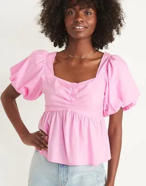 Old Navy Pink Puff Sleeve Ruched Smocked Babydoll Swing Top thumbnail 1