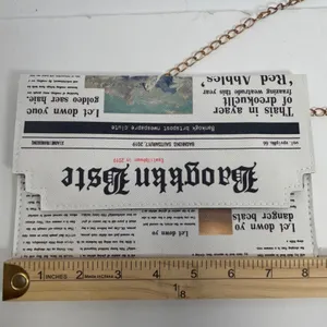 Befet Bay Newspaper Print‎ Envelope Clutch Crossbody Bag Gold Chain White Black thumbnail 9